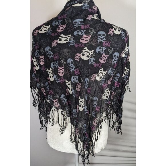 Gothic Y2K Skull And Crossbone Lightweight Scarf With Fringe - Picture 6 of 8